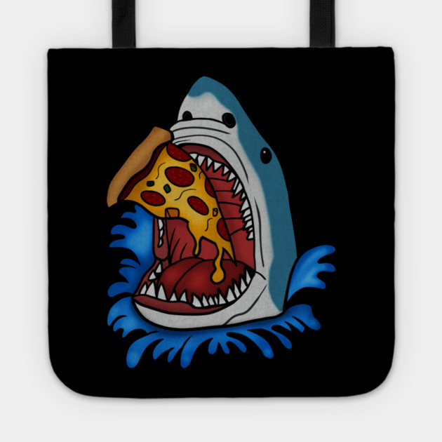 Shark Eating Pizza, Funny Pizza Lover Tote by logiamerch