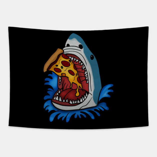 Shark Eating Pizza, Funny Pizza Lover Tapestry by logiamerch