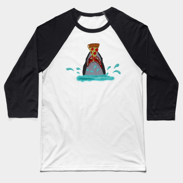 Shark Eating Pizza, Funny Pizza Lover Baseball T-Shirt by logiamerch
