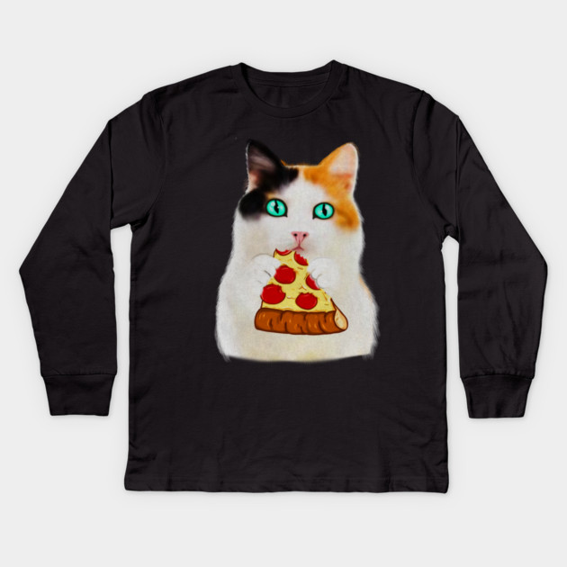Cat Eating Pizza, Funny Pizza Lover Kids Long Sleeve T-Shirt by logiamerch