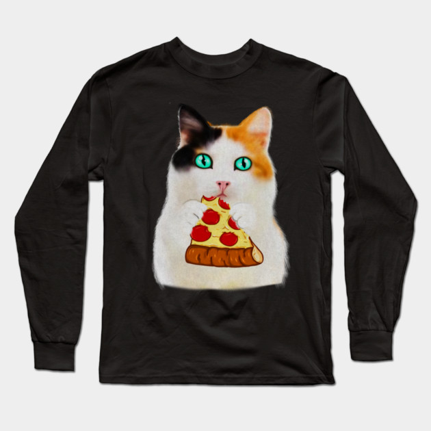 Cat Eating Pizza, Funny Pizza Lover Long Sleeve T-Shirt by logiamerch