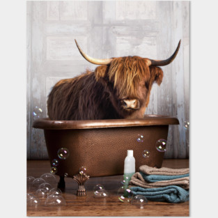 Highland Cow in a Bathtub Posters and Art
