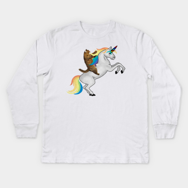 Funny Cat riding Unicorn, Love Unicorns Kids Long Sleeve T-Shirt by logiamerch
