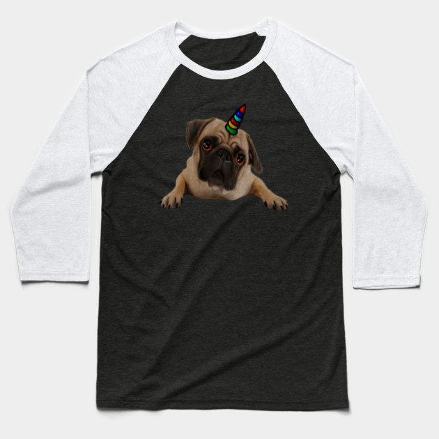 Cute Pug Dog Unicorn Baseball T-Shirt by logiamerch
