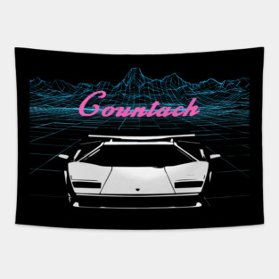 White Countach Retrowave Grid Tapestry
