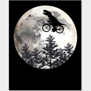 Dinosaur lover cyclist on the moon in forest Posters and Art