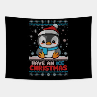 Penguin ice christmas ugly sweater Tapestry