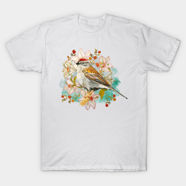 Chipping Sparrow And Flowers T-Shirt by ampomata