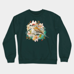 Chipping Sparrow And Flowers Crewneck Sweatshirt