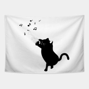 Black cat playing trumpet Tapestry