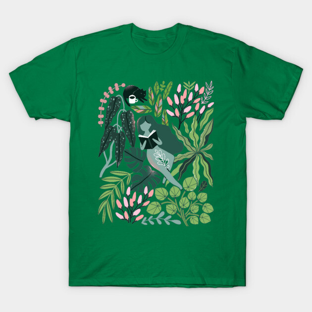 Reading girls among the plants with cats in the jungle T-Shirt by kostolom3000