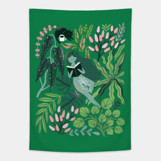 Reading girls among the plants with cats in the jungle Tapestry
