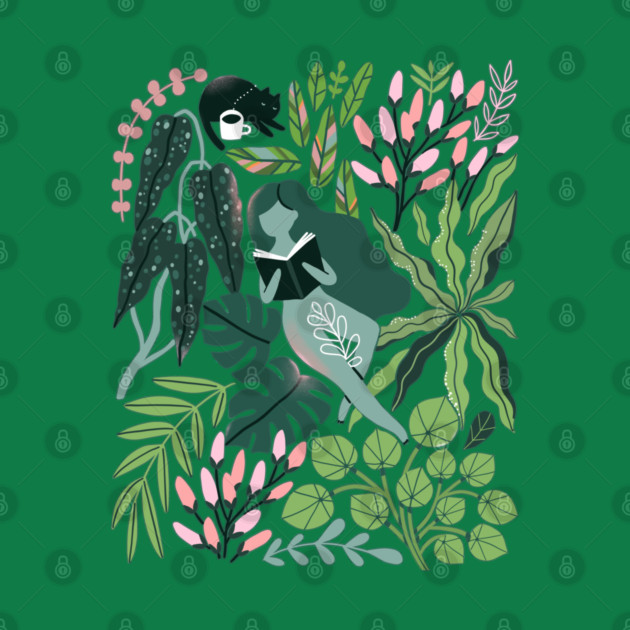 Reading girls among the plants with cats in the jungle by kostolom3000