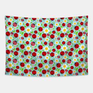 Flowers and Red Ladybugs Tapestry