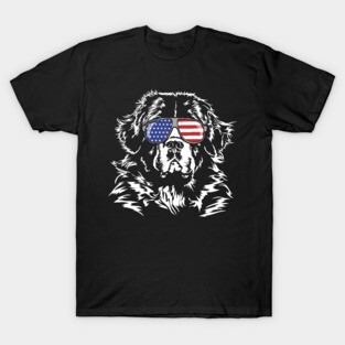 Proud Newfoundland American Flag sunglasses dog T-Shirt