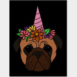 Pug unicorn, Pug for Women and Girls Floral Gift Posters and Art
