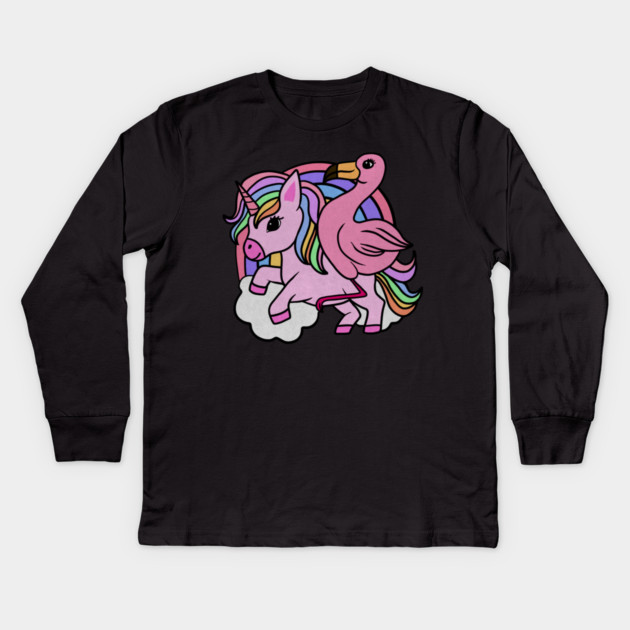 Flamingo Unicorn, Rainbow horse Kids Long Sleeve T-Shirt by logiamerch