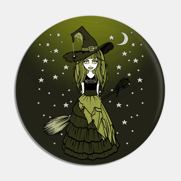 Witch and Crow Green Starry Night Cheeky Witch® Pin by Cheeky Witch