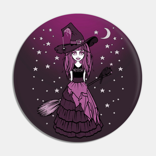 Witch and Crow Pink Starry Night Cheeky Witch® Pin by Cheeky Witch