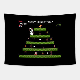 merry christmas retro pixel video game Tapestry