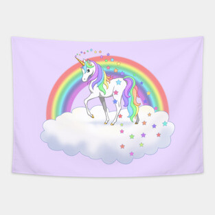 Pretty Rainbow Unicorn and Stars Tapestry