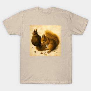SQUIRRELS EATING NUTS, ANTIQUE ANIMAL DRAWINGS T-Shirt