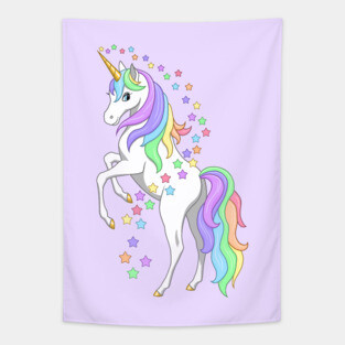 Rearing Rainbow Unicorn and Stars Tapestry
