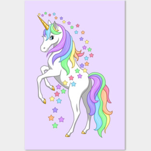 Rearing Rainbow Unicorn and Stars Posters and Art