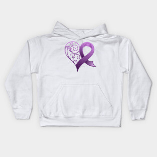 Purple Ribbon with Heart Kids Hoodie