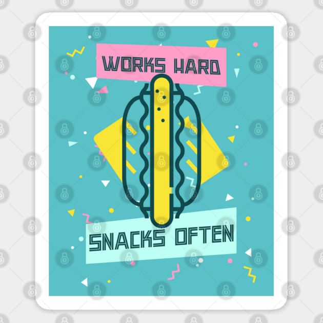 Works Hard, Snacks Often - Hot Dog Edition Sticker by Camp Happy Hour