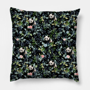 Floral Panda Pattern with Pink and Blue Roses Pillow