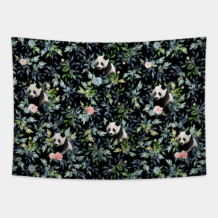 Floral Panda Pattern with Pink and Blue Roses Tapestry