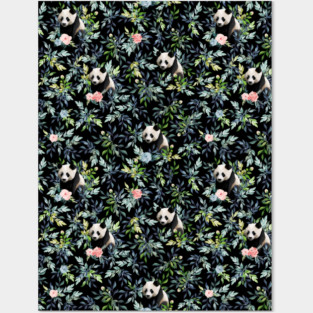 Floral Panda Pattern with Pink and Blue Roses Posters and Art