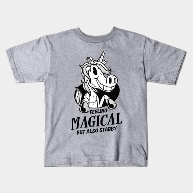 Feeling Magical But Also Stabby Unicorn Kids T-Shirt by Cosmo Gazoo