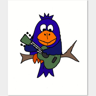 Funny Cute Bluebird Playing Guitar Art Posters and Art