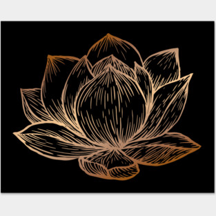 Golden Lotus Flower on Black Posters and Art