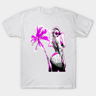 Pink Retro Palm Tree Graphic Tee Girl Women Bae Watch T-Shirt