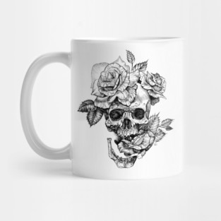 Black and White ink drawing Skull With Roses Mug