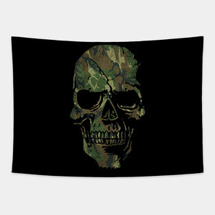 Skull Graphic - Cool Badass Distressed Art - Camo Green Tapestry