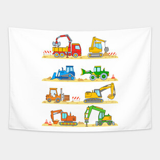Truck Digger Wrecker Forklift Bulldozer for Kids Tapestry