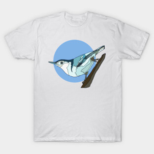 White Breasted Nuthatch on Blue T-Shirt