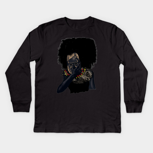 Afro African with Tribal Mask, Black Pride Kids Long Sleeve T-Shirt by logiamerch