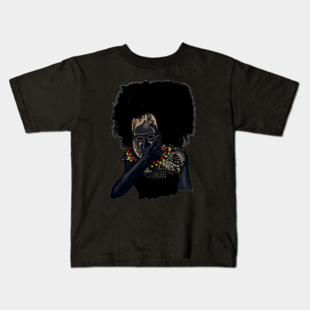 Afro African with Tribal Mask, Black Pride Kids T-Shirt by logiamerch
