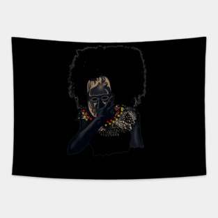 Afro African with Tribal Mask, Black Pride Tapestry