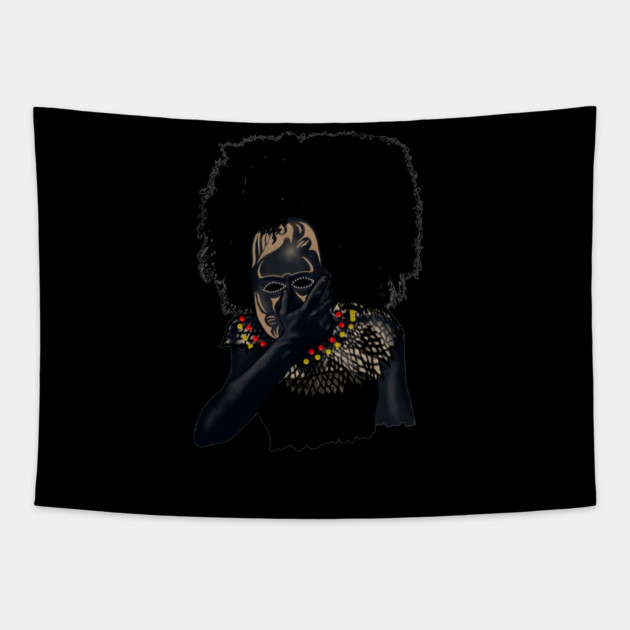 Afro African with Tribal Mask, Black Pride Tapestry by logiamerch