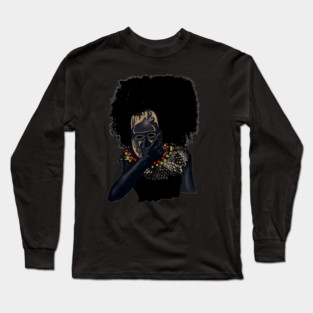 Afro African with Tribal Mask, Black Pride Long Sleeve T-Shirt