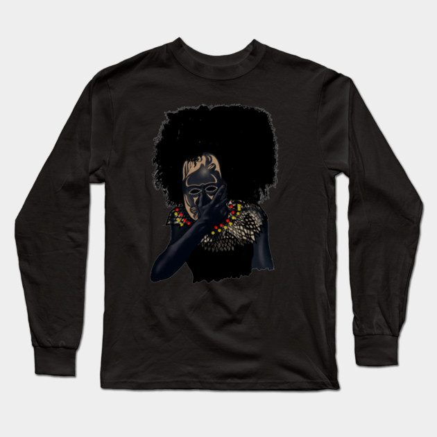 Afro African with Tribal Mask, Black Pride Long Sleeve T-Shirt by logiamerch