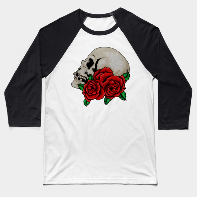 Skull, Floral Roses Baseball T-Shirt by logiamerch