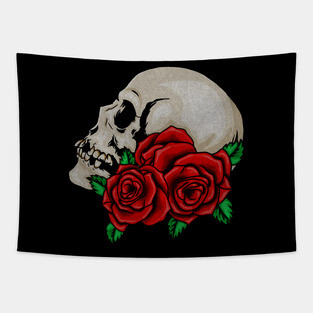 Skull, Floral Roses Tapestry