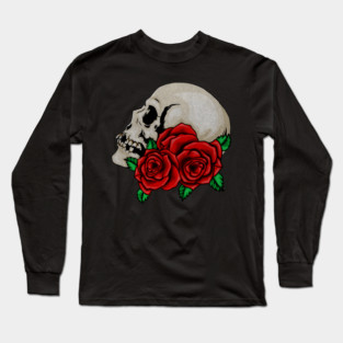 Skull, Floral Roses Long Sleeve T-Shirt